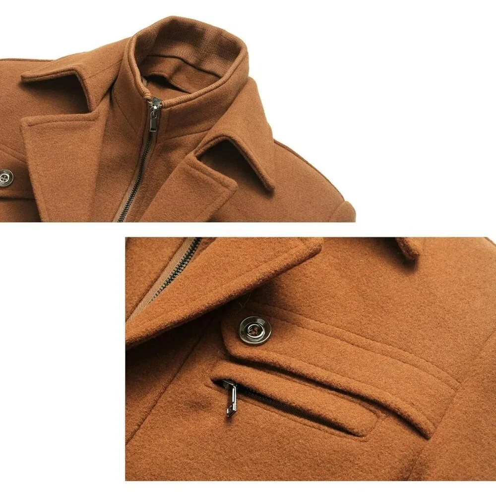 Men's Yellow1 Wool Blend Coat Warm Winter Trench Coat With Detachable Soft Scarf